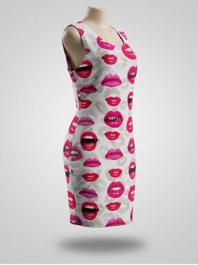 White Bodycon Dress with Pink & Red Lip Print (plus size)